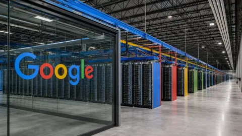 Google's recognizable identity at the entrance to a source-grounded data center aisle extending through rows of AI infrastructure.