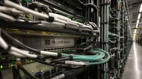 Source-grounded view through dense cabling toward recognizable Microsoft Azure server hardware