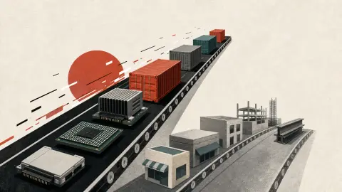 Illustration of electronics, shipping containers and muted storefront blocks moving in opposite directions