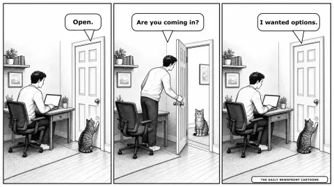 Three-panel black-and-white newspaper cartoon: a cat asks a person working at home to open an interior door, refuses to cross when it opens, then scratches again after it closes and explains, 'I wanted options.'