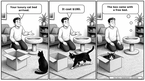 Three-panel black-and-white newspaper cartoon: a person presents an expensive new cat bed, the cat walks past it toward the shipping carton, then curls inside the carton and says, 'The box came with a free bed.'
