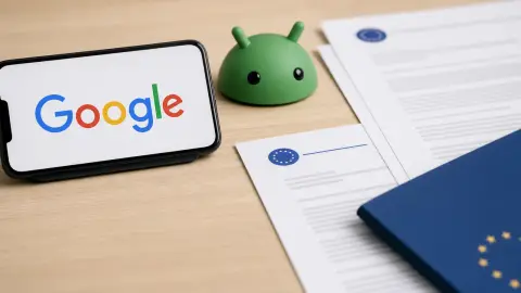 A Google-branded phone and Android robot reference sit beside abstract compliance papers suggesting EU platform-access rules.