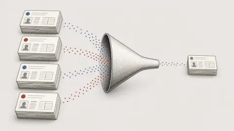 A neutral diagram showing stacks of voter-roll records moving through a verification funnel before a smaller set remains for review.