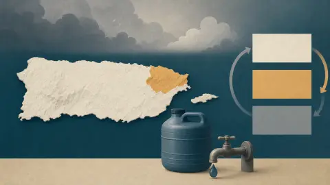 Editorial diagram of Puerto Rico water rationing with a highlighted northeast area, schedule blocks, a faucet and a water container.