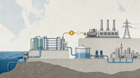 Diagram of seawater, power, desalination, storage and city water demand linked in one fragile chain