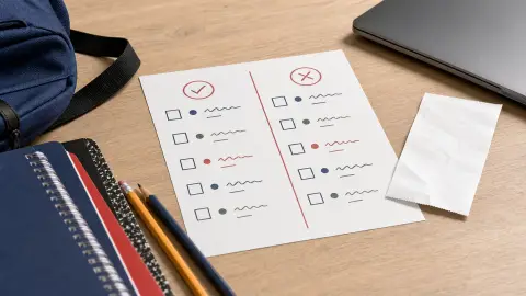 Back-to-school supplies and a laptop arranged beside a checkout receipt with tax lines left blank