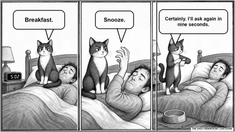 A three-panel black-and-white newspaper comic shows a cat sitting on its sleeping owner's chest at 5:02 a.m. The cat says, ‘Breakfast.’ The owner says, ‘Snooze.’ In the final panel, the cat checks a tiny watch and replies, ‘Certainly. I’ll ask again in nine seconds.’