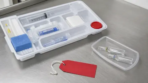 An open anesthesia kit with small ampules separated beside a blank quarantine tag on a clinical supply table.