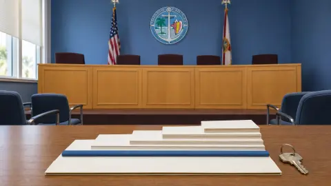 Editorial view of Monroe County’s empty commission chamber with layered property papers and a house key illustrating different tax-rate effects.