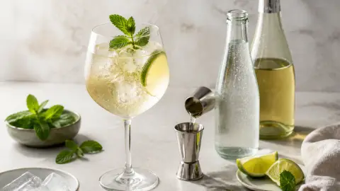 A Hugo-style spritz glass with mint, lime, ice and measured cocktail ingredients on a tabletop.