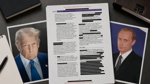A declassified intelligence page centered between separate official portrait prints of Donald Trump and Vladimir Putin.