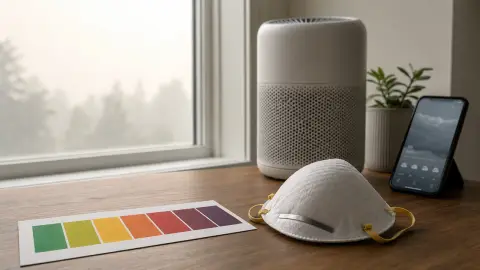 A tabletop air-quality setup with an AQI color card, an N95 respirator and a small air purifier beside a hazy window
