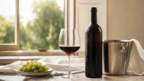 A chilled bottle of red wine beside a glass on a bright summer table with fruit and an ice bucket.