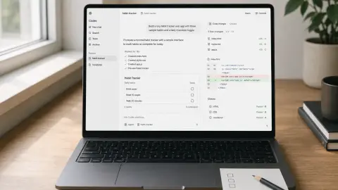 A laptop showing the recognizable Codex workspace beside a small habit-tracker preview, code changes and a paper verification checklist