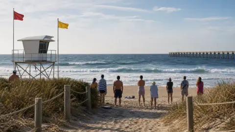 Beach warning flags near a lifeguard tower as swimmers pause before entering choppy surf.