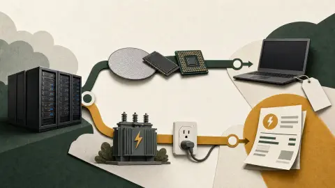 An editorial illustration showing AI data-center demand flowing into household electricity and laptop costs