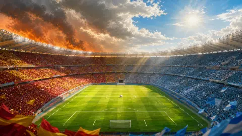 Illustrated soccer stadium split between red-yellow and blue-white crowds as smoke clears before kickoff.