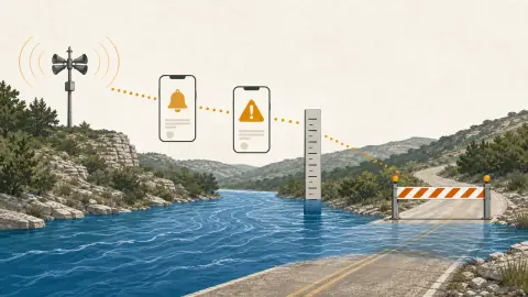 A diagram-style view of floodwater, a river gauge, a siren and phone alerts showing how warnings move before a flood reaches roads.