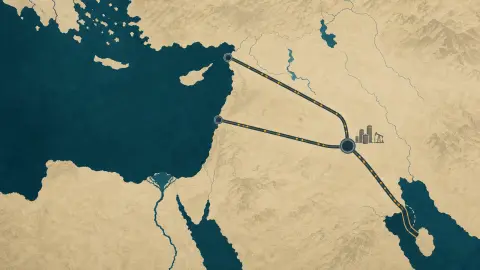 A diagram-style oil route splits from a narrow gulf chokepoint toward Mediterranean ports