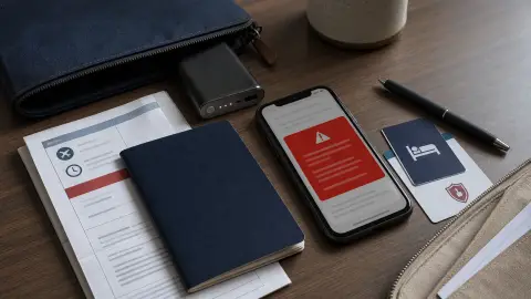 A passport, phone alert and travel documents arranged as an emergency travel decision checklist