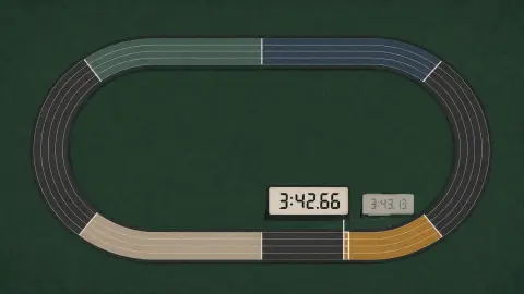 Diagram of a four-lap mile record with a finish-line clock reading 3:42.66 and the previous 3:43.13 mark just behind it.