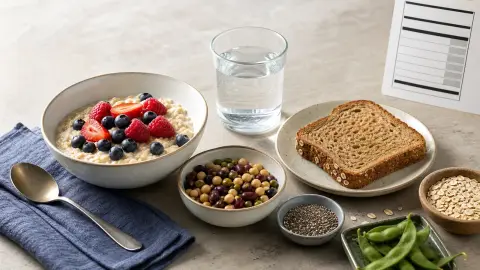 A breakfast bowl, berries, beans, whole-grain toast and a water glass arranged as a gradual fiber-building plan