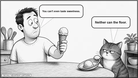 A person holding an ice cream cone tells a deadpan cat that cats cannot taste sweetness. With one paw tipping a scoop toward the table edge, the cat replies that neither can the floor.