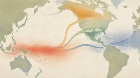 A warm Pacific Ocean current pattern feeding branching storm tracks across a simplified seasonal weather map