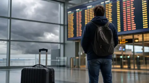 A traveler checks an airport departure board while storm clouds show through terminal windows.