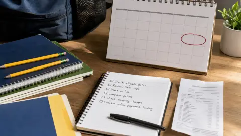 Back-to-school supplies and a shopping receipt arranged beside a calendar marked for tax-free weekend