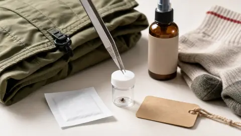 A tick removal kit with tweezers, a sealed jar, repellent, and hiking socks arranged on a clean tabletop