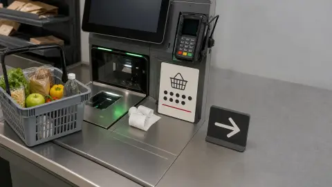 A grocery self-checkout station with a small basket, receipt and item-limit sign arranged as a shopper decision point