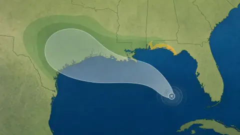 A simplified Gulf Coast weather diagram showing a small offshore storm, a watch area near Florida, and a wider rain zone along the northern Gulf.