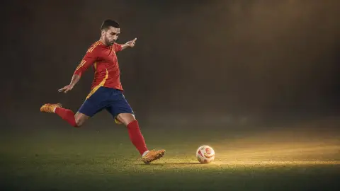 Editorial image of Ferran Torres in Spain colors driving through the decisive extra-time moment against Argentina