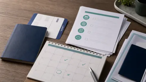 A passport, boarding pass, calendar, and checklist arranged on a travel desk