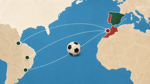 A clean route-map style graphic connects South America, Morocco, Portugal and Spain around a soccer ball