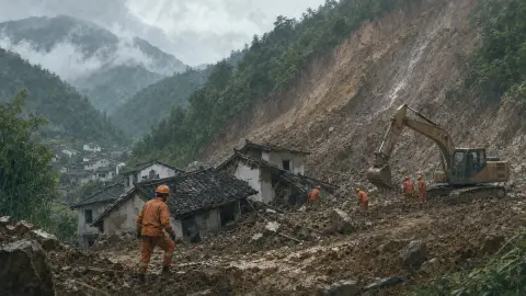 Editorial illustration of rescue crews working near a mountain landslide above damaged homes in southwest China