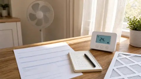 A thermostat, utility bill and shaded window arranged as a practical cooling-cost checklist