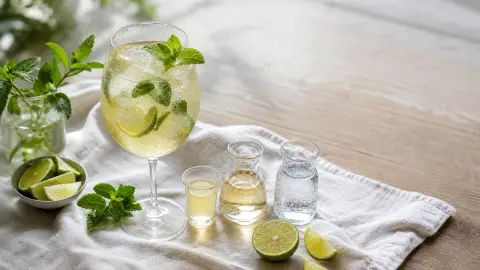 A Hugo spritz with mint and lime beside measured elderflower, sparkling wine and soda water ingredients