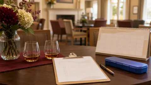 A community room table set with two drinks, an activity calendar and a state notice clipboard for a senior living event