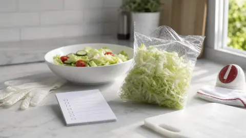 A bag of shredded iceberg lettuce set beside a recall checklist and clean kitchen tools