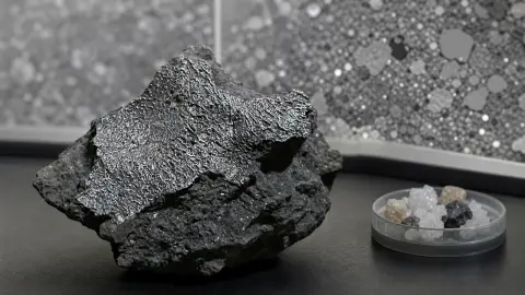 A dark fragment of the Hillsborough meteorite shown beside a lab-style mineral texture reference