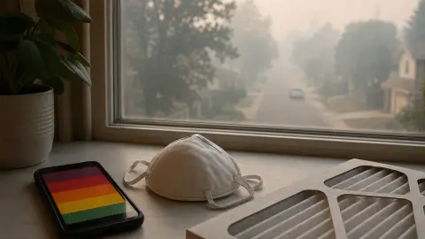 A hazy neighborhood window with a phone showing an air quality check beside an N95 mask and home air filter