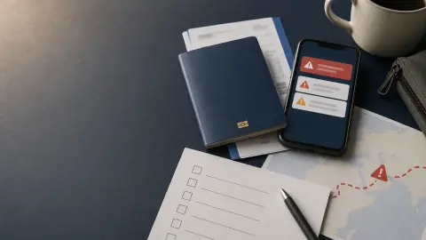 A travel checklist with a passport, phone alert shapes and unreadable boarding-pass papers arranged on a table.