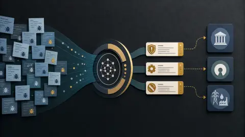 A diagram-style illustration of software flaw reports moving through an AI sorting layer toward prioritized patch cards for critical infrastructure systems