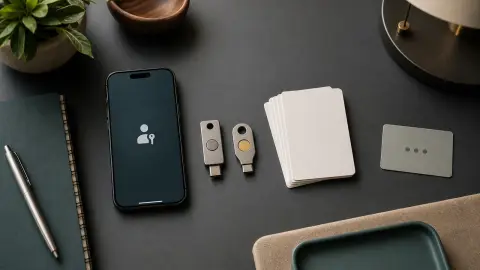Object-led editorial still life of security keys, a phone unlock prompt, and recovery cards arranged as a sign-in choice.