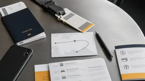 Travel documents and a boarding pass arranged around a rerouted flight path card