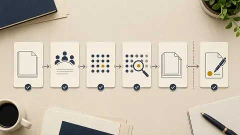 A desk diagram shows a generic bill moving through review stages with a magnifying glass over the latest action checkpoint.
