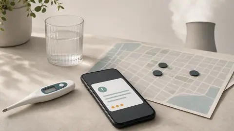 A thermometer, plain phone alert, unlabeled map grid and three markers arranged as a health-check still life.