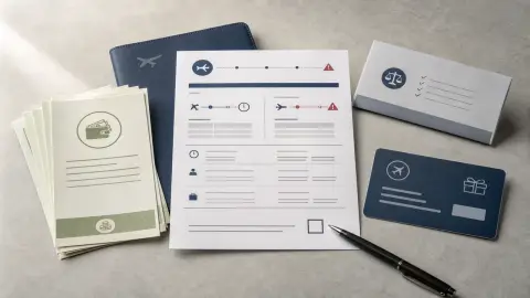 Unbranded travel documents arranged between a cash refund option and a travel credit option.